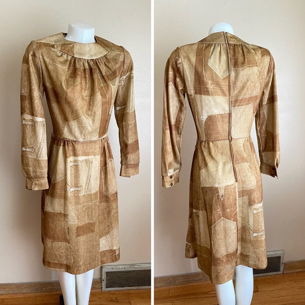 Vintage Richard Harwood of Dallas S/M 70s Pocket Print Brown Dress Long Sleeve